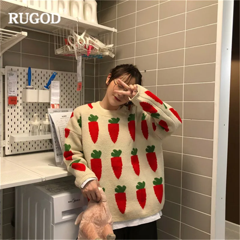 RUGOD осенне-зимний Повседневный женский свитер с круглым вырезом и длинным рукавом, Женский пуловер с принтом морковки, pull femme hiver