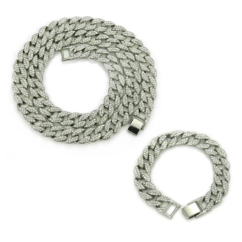 SilverNecklceBracelt Серебряное золотое ожерелье в стиле хип-хоп с блестящей цепочкой, 15 мм, браслет со стразами для мужчин, ювелирное ожерелье s - Окраска металла: SilverNecklceBracelt