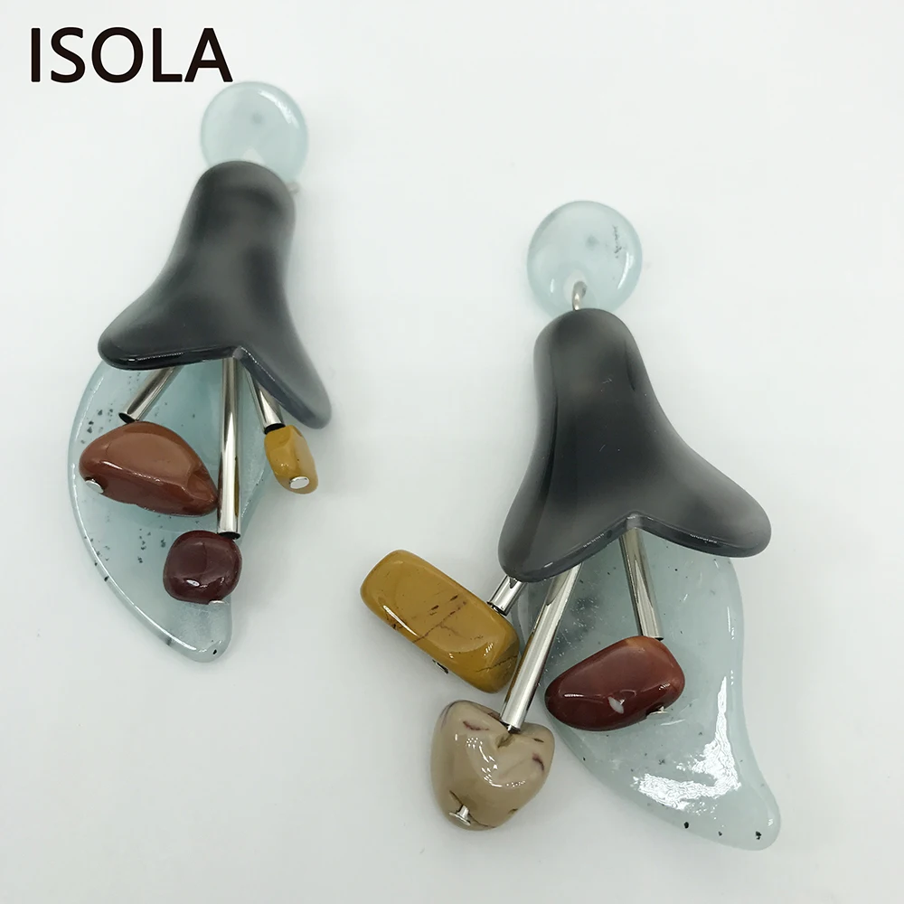 Акриловые серьги подвески ISOLA с двумя листьями три бутона внутри Эффектные