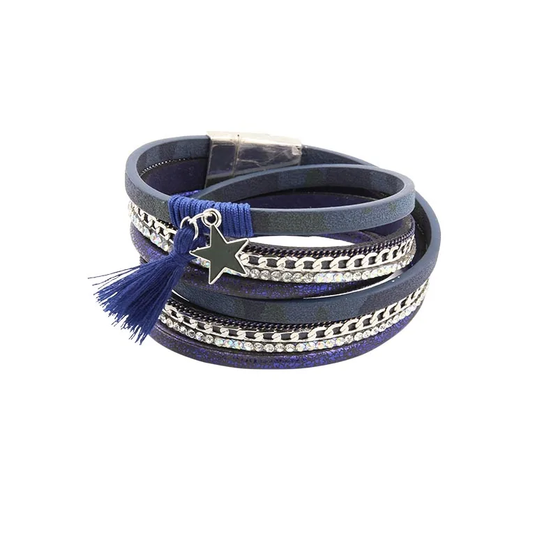 Браслеты и браслеты из искусственной кожи для женщин Pulseira De Couro, Женский комплект с длинными кристаллами и цепочкой, ручной работы, Магнитные Браслеты Mujer - Окраска металла: blue
