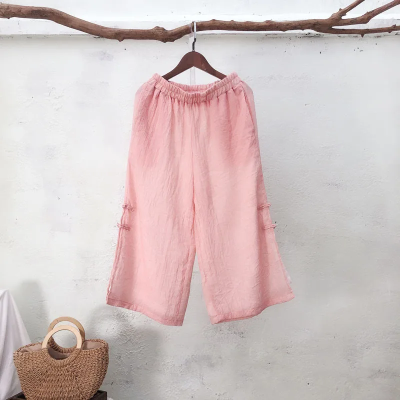 Двухслойные хлопковые льняные широкие брюки в стиле ретро с пуговицами женские