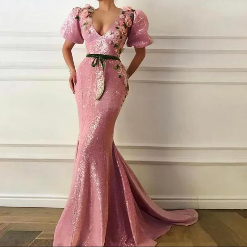

New Arrival Pink 3D Flower Mermaid Prom Pageant Dresses 2019 Robe de soiree Elegant Short Sleeve Party Gowns Long Abendkleider