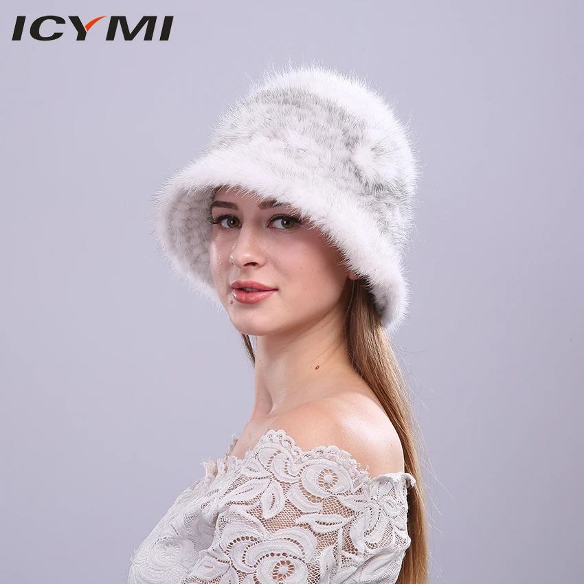 

ICYMI Natural Real Mink Fur Knitted Hat With Flower Famale caps Winter Genuine Fur Hats for Women Warm Beanies with Floral