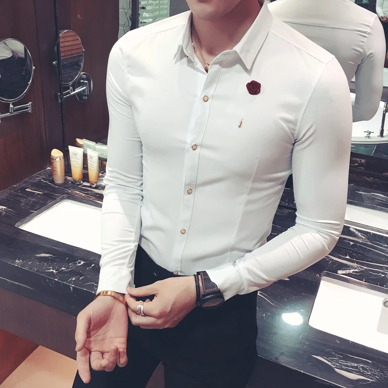 

men shirt YC004* Classic Rose Brooch metrosexual man long sleeved shirt barber overalls slim Korean nightclub P40