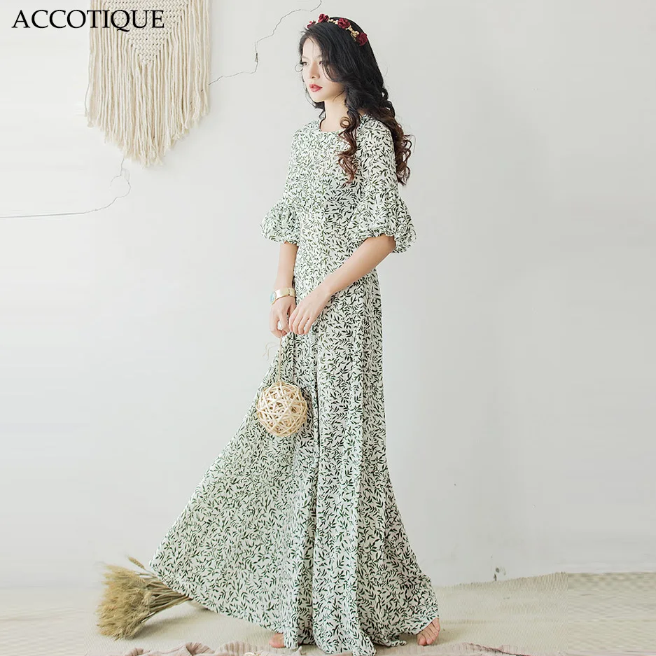 Женское длинное платье макси в пол с цветочным принтом и оборками высокого