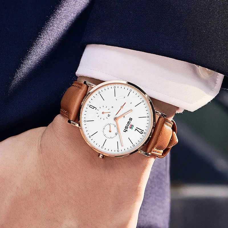 Мужские наручные часы SWISH мужские с хронографом роскошные кожаные