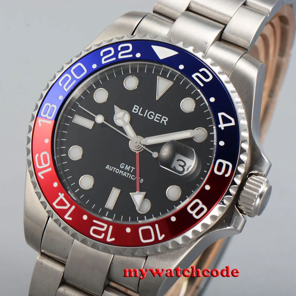 

43mm bliger black dial GMT sapphire glass automatic mens watch P5