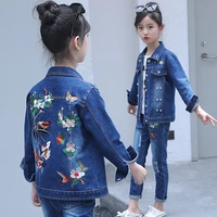 childrens wear girls jeans clothes set autumn wear 2019 new chinese leisure cartoon birds with flower girls denim body suit