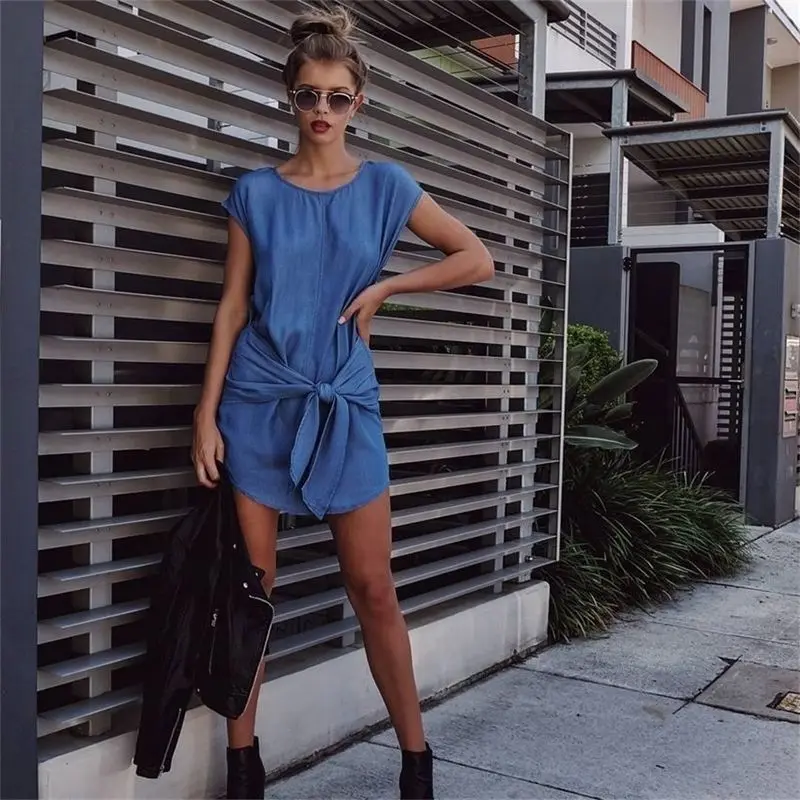 Лето о-образный вырез свободные с поясом Джинсы женское платье 2019 весна лето