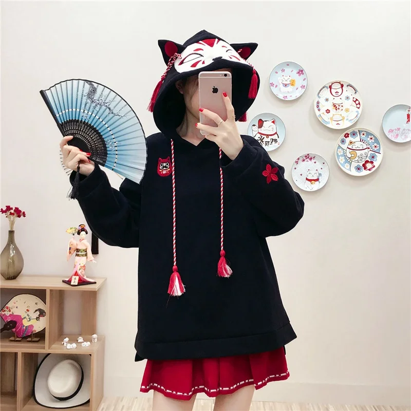 Белая, черная, японская одежда, Толстовка Harajuku Kawaii с вышитым котом, расклешенными рукавами, Женский Топ,, осенняя, японская Конфета FF2080