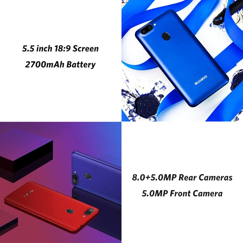 Bluboo D6 5.5 inch 18:9 Screen Smartphone Android 8.1 8MP Dual Camera 2GB RAM 16GB ROM MTK6580A 2700mAh Face ID Mobile Phone | Мобильные