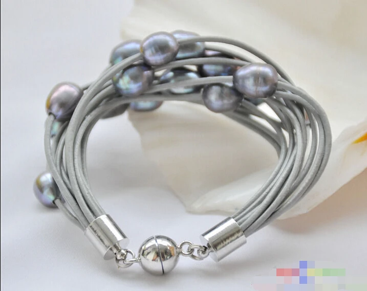 

P5224 15row 8" 13mm black rice pearl gray leather bracelet @^Noble style Natural Fine jewe FREE SHIPPING