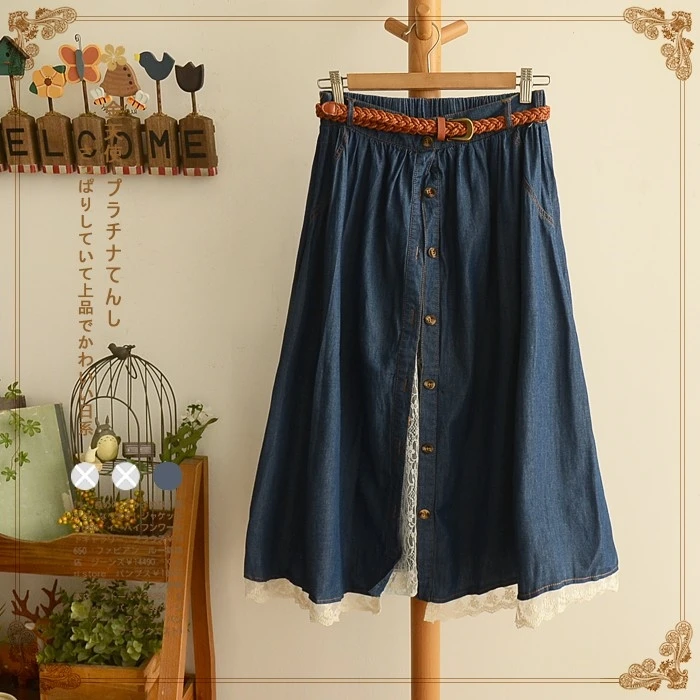 Эластичная резинка на талии Лоскутные кружевные однотонные джинсовые юбки mori