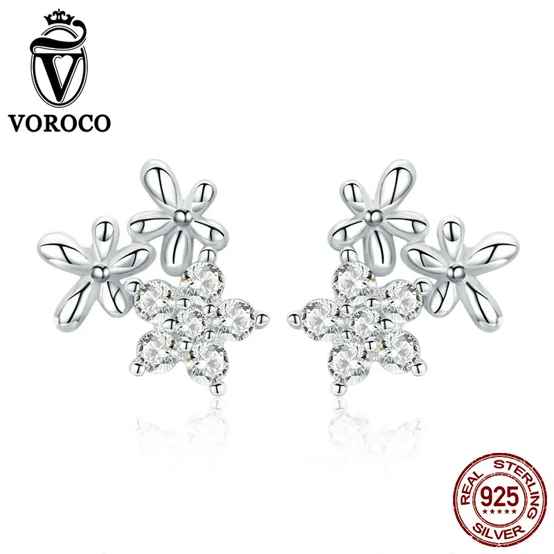 VOROCO 100% Настоящее серебро 925 пробы серьги гвоздики с цветком маленькие серебряные