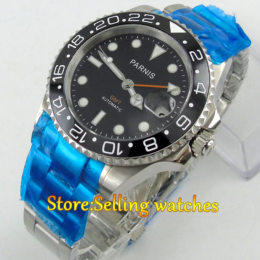 

40mm Parnis black dial Sapphire glass Ceramic bezel GMT automatic mens watch