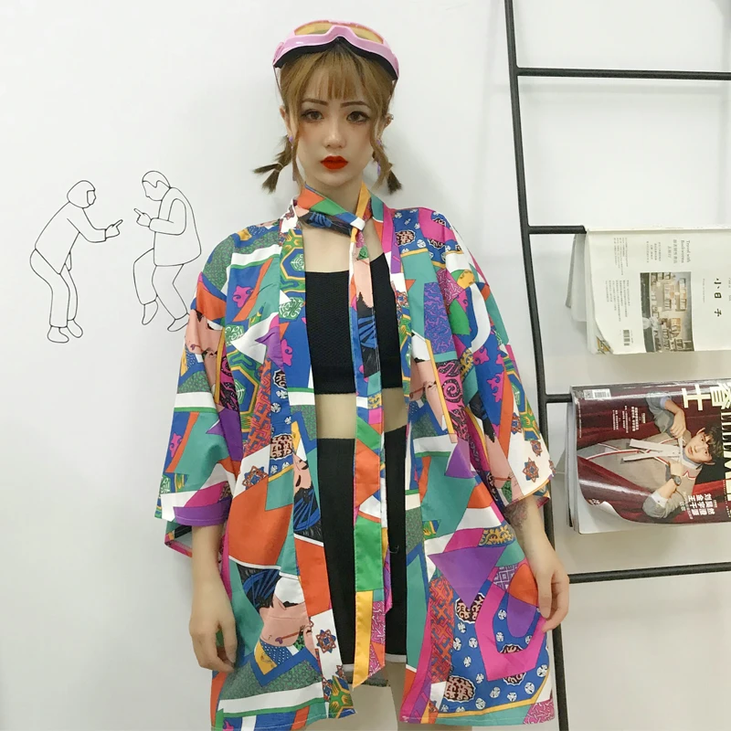 Летняя рубашка Ulzzang Харадзюку японское кимоно Женская Солнцезащитная куртка