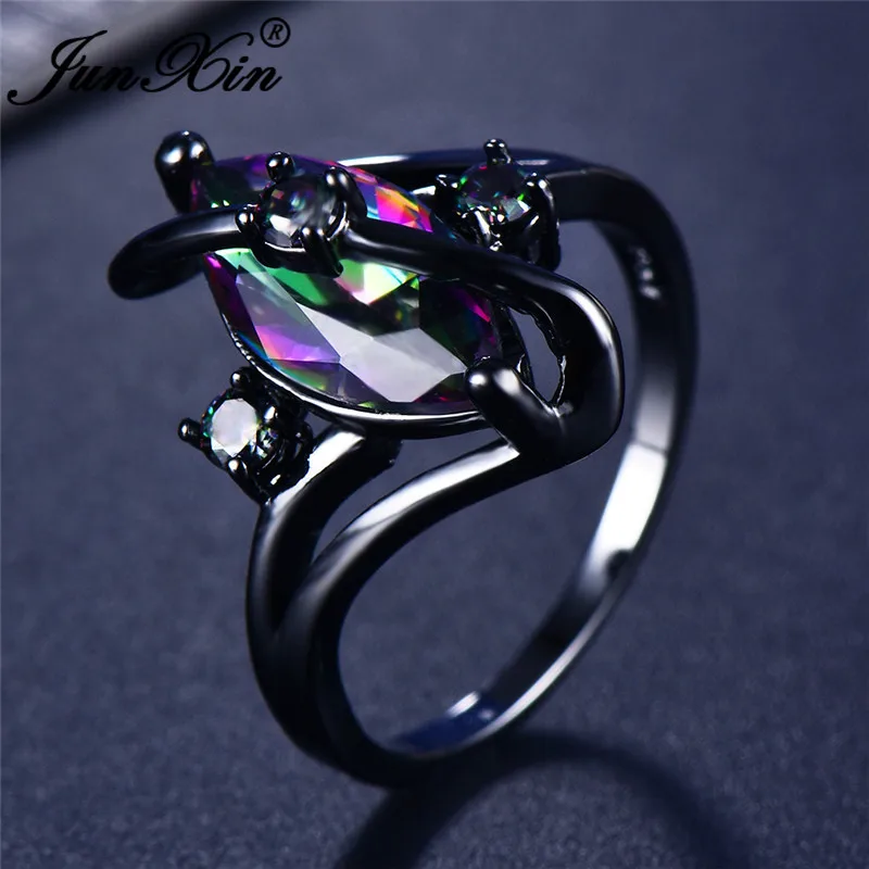 Rainbow Ring JUNXIN разноцветный камень буквы S волна кольца для женщин черное золото Aqua синий фиолетовый лошадь глаз циркон обручальное кольцо - Цвет основного камня: Rainbow Ring