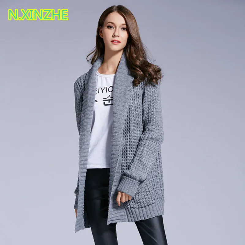 Женский свободный вязаный кардиган Однотонный свитер с длинными рукавами и