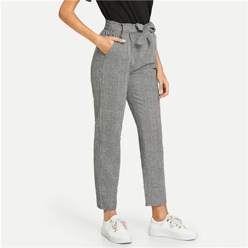 Grey Sheinside серые женские брюки со средней талией, женские модные длинные штаны, рабочая одежда с эластичным поясом, женские клетчатые брюки - Цвет: Grey