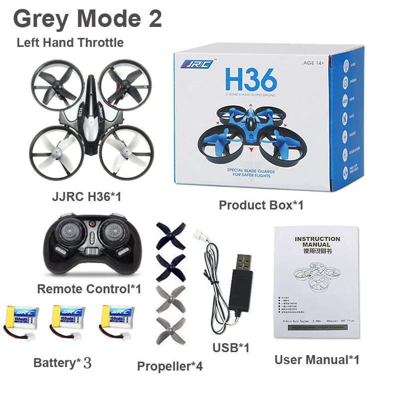 Grey H36 3battery JJRC H36/H345/H56/H70/DHD D4/ZLX H238 2,4G 4CH 6 оси Безголовый режим мини Радиоуправляемый Дрон Квадрокоптер RTF игрушки для мальчиков подарок VS E016H SG106 - Цвет: Grey H36 3battery