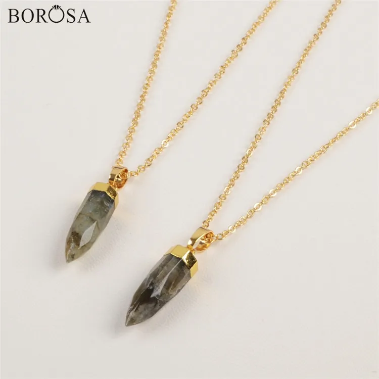 Labradorite BOROSA Золотая отделка карандаш точка черные ограненные Агаты камень ожерелье медальон натуральный камень ювелирные изделия - Окраска металла: Labradorite