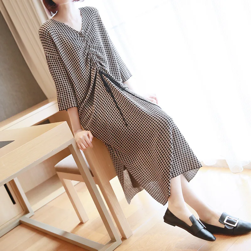 

Temperament Slim Fit V-neck Dress Summer 2019 New Korean Women's Long Plaid Knit Dress