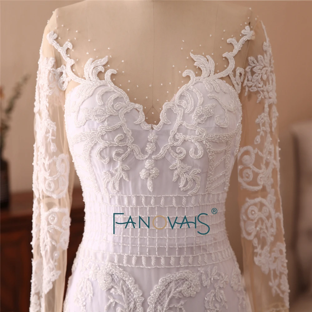 2019 Mermaid Wedding Dresses Long Sleeve Full Beaded Lace Wedding Gown Removable Train White Robe de Mairage NW20