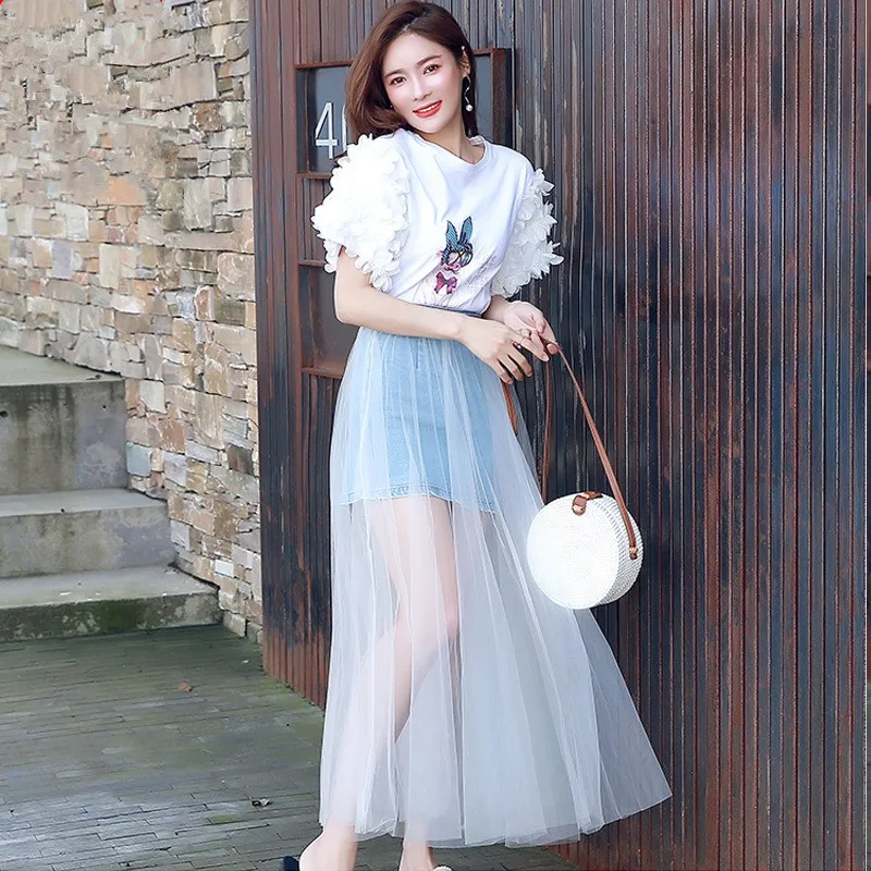 Женская длинная сетчатая юбка комплект из 2 предметов с пышными рукавами 3D