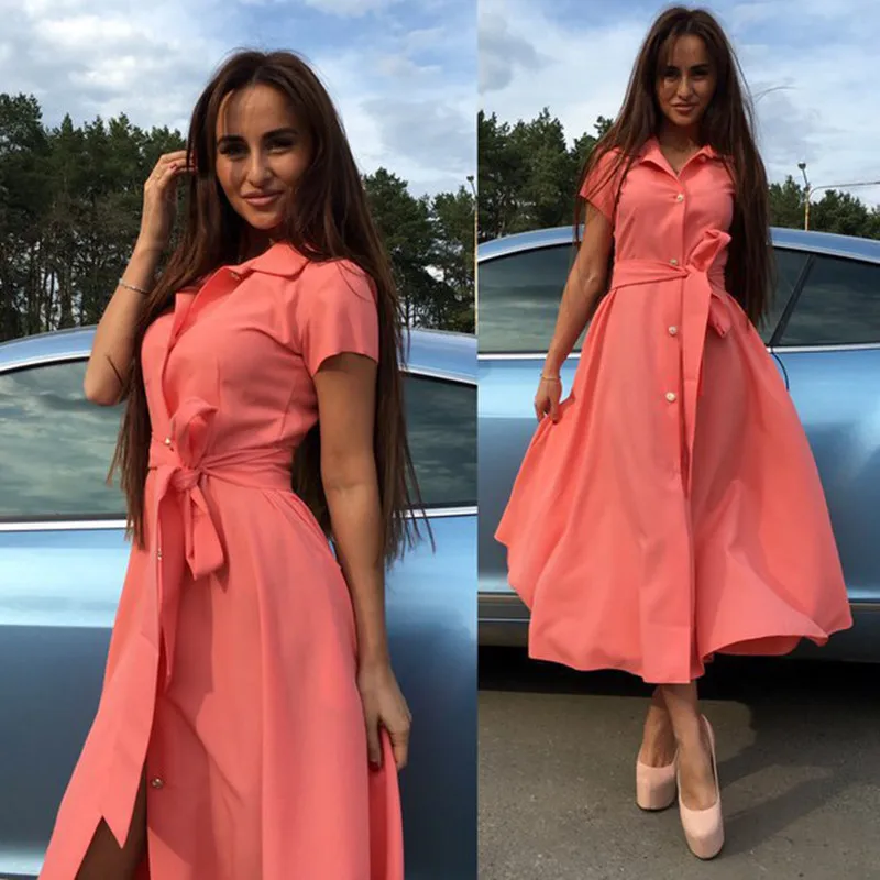 Женское однобортное платье с поясом привлекательное однотонное рубашка
