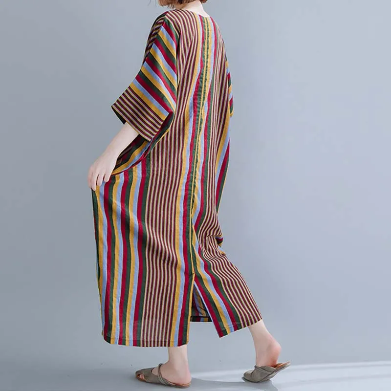 Женский хлопковый сарафан в полоску винтажное льняное платье стиле бохо с