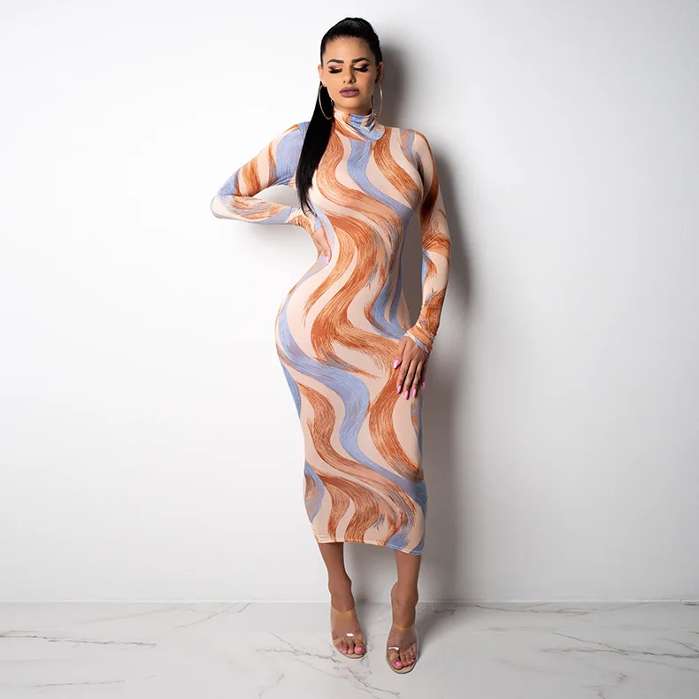 Весна/Лето 2019 новый стиль модный цифровой принт высокий воротник платье с