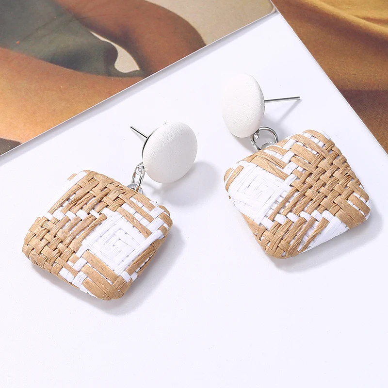 Корейские женские деревянные плетеные висячие серьги из ротанга для женщин