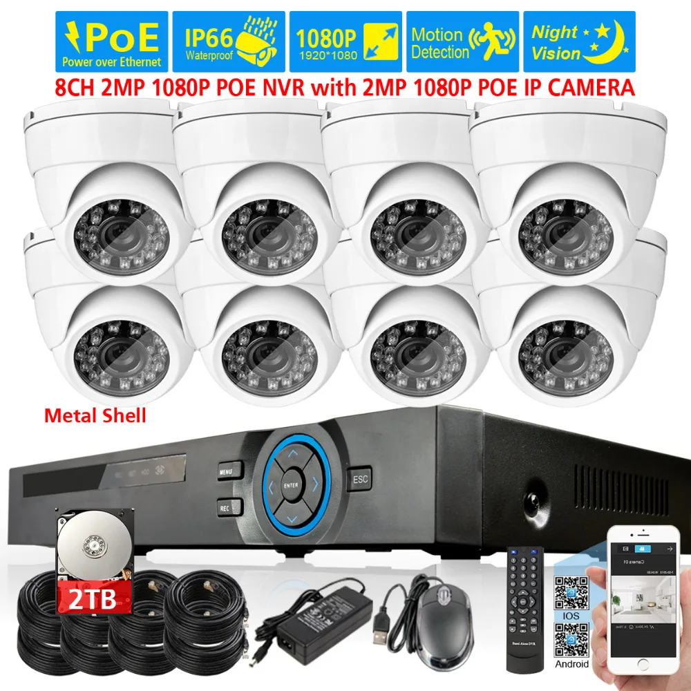 HD 2mp 1080 P PoE NVR Системы 8 шт. 2.0mp безопасности IP66 в/Открытый День/Ночь POE IP камера 8ch