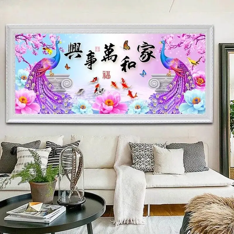 QIANZEHUI DIY 5D peacock nine fish Diamond Embroidery Round Full rhinestone painting cross stitch needlework | Дом и сад