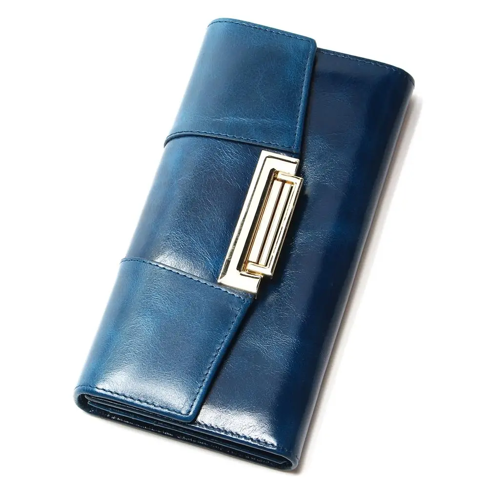 Blue Женский кошелек из натуральной воловьей кожи Ccarteira Feminina, модный винтажный Длинный кошелек с застежкой и карманом, Женский кошелек для монет средней длины - Цвет: Blue