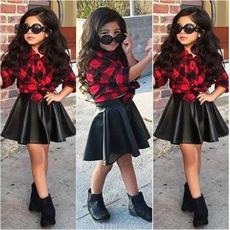 Fashion Girls Kids Princess Plaid Long Sleeve Tops Leather Skirt Summer Outfits 2PCS Cotton Clothes | Мать и ребенок