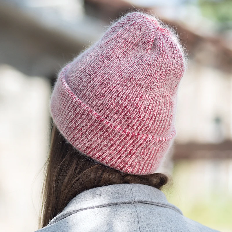 Женская вязаная шапка из кашемира с кроликом теплая двухцветная шерсти зима 2019 |