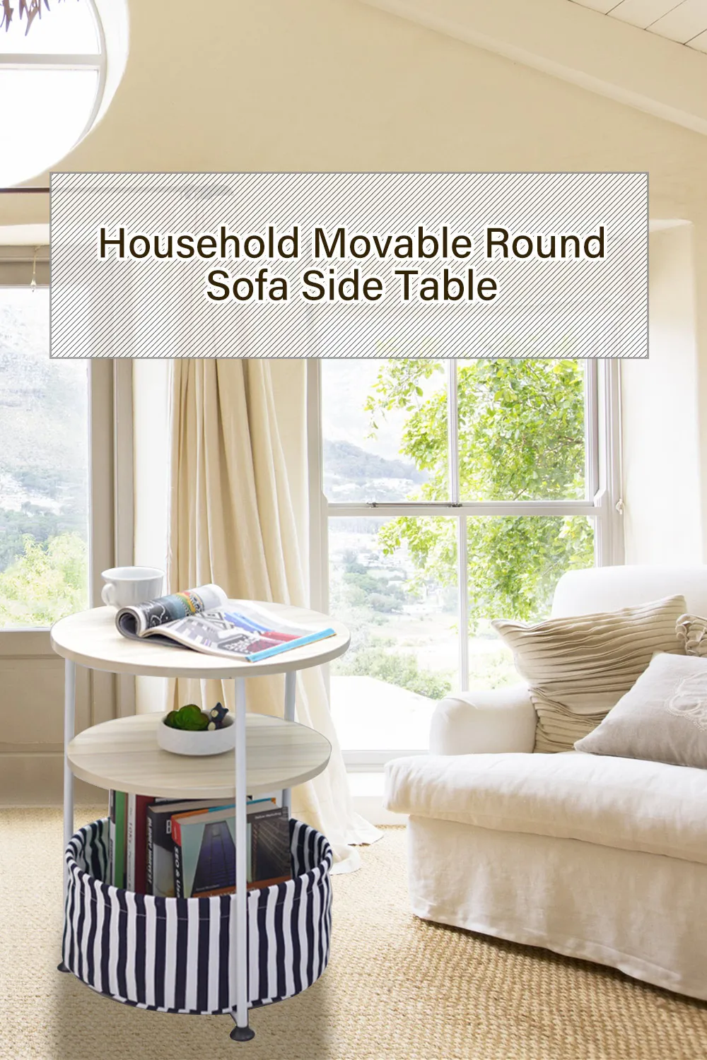 Household Movable Round Sofa Side Table with Removeable Storage Bag Coffee Table Tea Table Living Room Bedroom Office Furniture