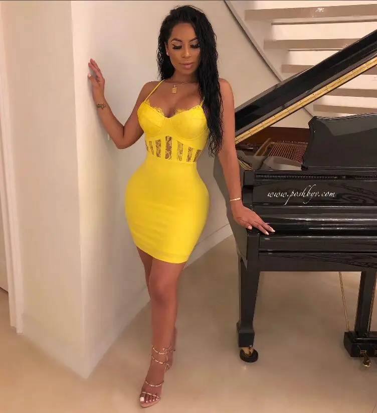 

Yellow Color Women's Sexy Lce Bodycon Mini Dress Strap Sleeveless Sexy Bandage Dress Club Party Dress