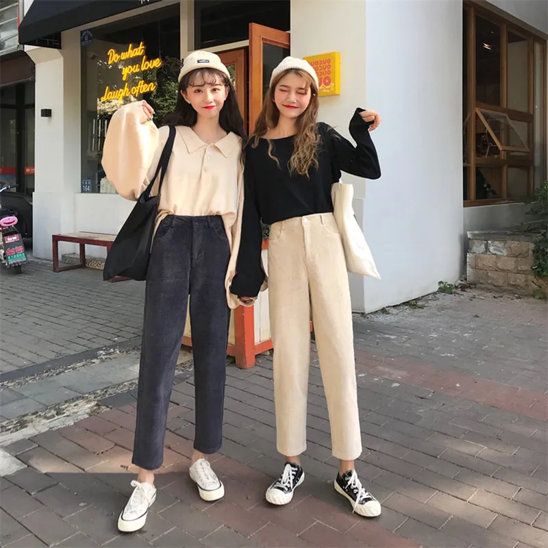 Брюки Для Женщин Кружевной повседневный костюм с одной пуговицей и молнией; Прочные карманы Цвет простой Для женщин s Мода лодыжки-Длина вельветовые высокие, для отдыха универсальная Корейская обувь