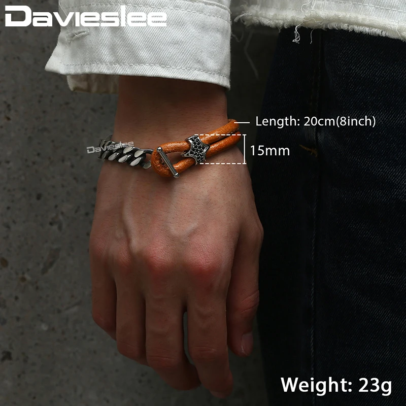 Браслет Davieslee для мужчин черные очаровательные стразы коричневый искусственная