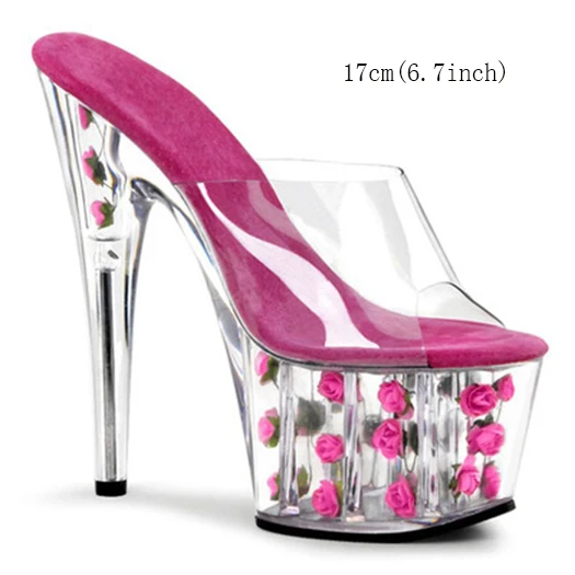 fuschia 17cm slipper Стеклянные тапочки туфли-лодочки с цветком Большие размеры сандалии красивая женская обувь прозрачный ремешок каблуки большой perspex stiletto slides платформа высокие розовые - Цвет: fuschia 17cm slipper