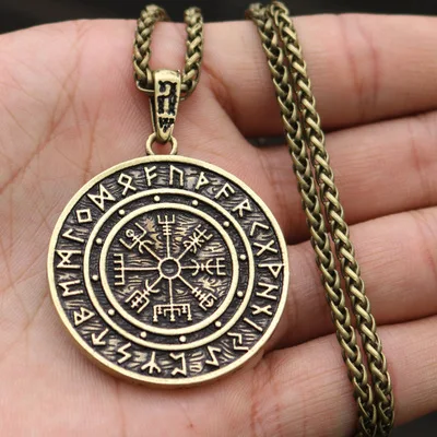 Золотое шампанское DropshippingViking исландский Vegvisir шлем ужас в руническом круге кулон Vegvisir Viking компас Рунический амулет колье ожерелье - Окраска металла: Золотое шампанское