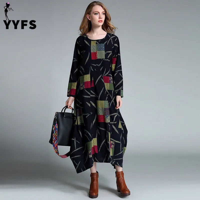 Для женщин Ретро Свободные Хлопок Лен Винтаж плед печатных лето с длинным