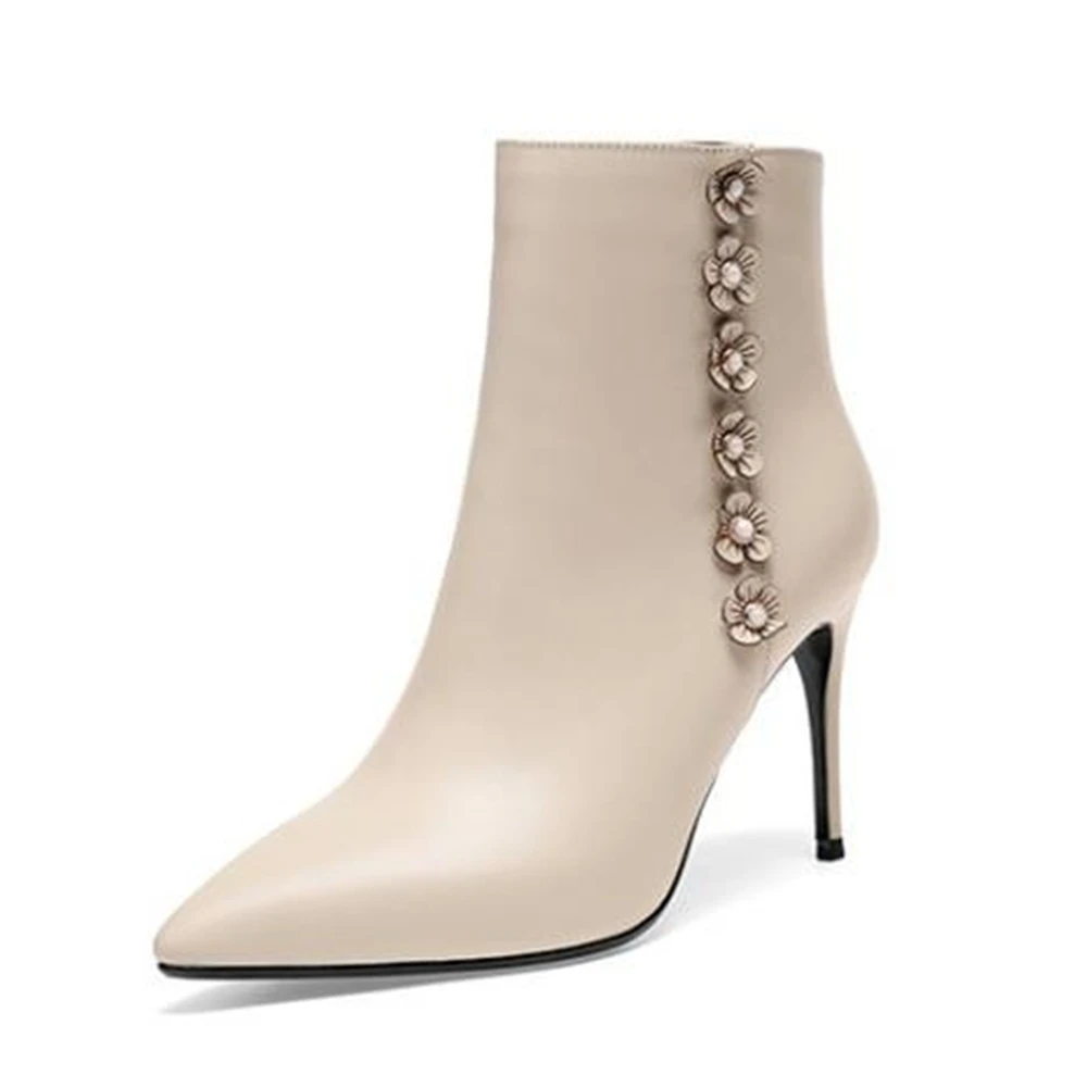 

fashion European 2018 autumn new fashion leather feet women's leather boots pointed solid color thin high heel flower decoration