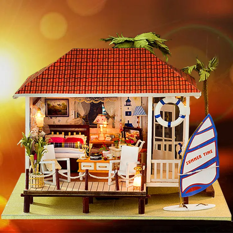 DIY деревянная кукла дом праздник домик на пляже модель кукольный мебель свет