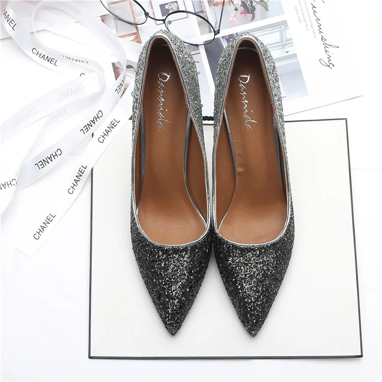 black silver 8CM Обувь большого размера; женская обувь на высоком каблуке; коллекция года; Звездные брендовые свадебные туфли; модные вечерние туфли-лодочки; женские туфли на каблуке с золотыми блестками; zapatos de mujer - Цвет: black silver 8CM