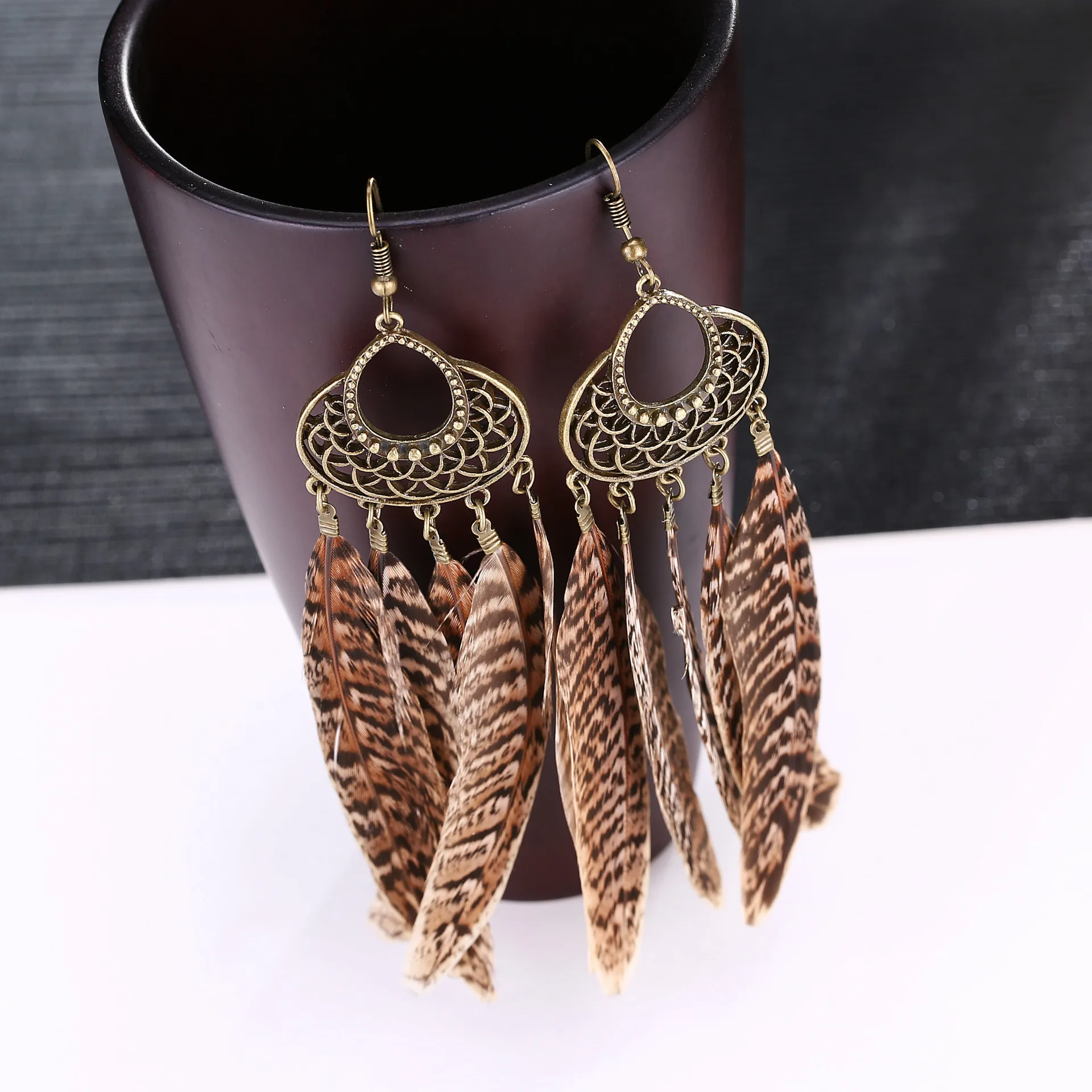QIANKE bohemian big feather drop earrings for women boho long ethnic Leopard Print dangle fashion jewelry wholesale | Украшения и