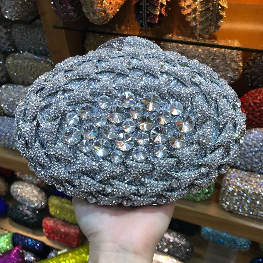 

Silver Clutch Oval Shaped Diamond Women Evening Bag Wedding Clutches Bridemaid Handbags Fashion Party Rhinestone Mini Minaudiere