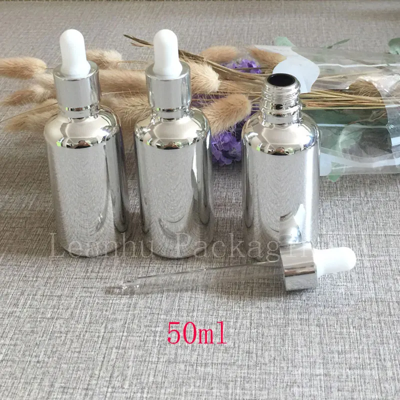 50ml empty silver essential oil glass bottle with dropper 50cc empty glass vial  dropper container, empty glass dropper container